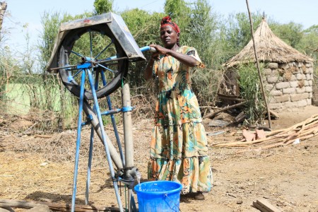 Aregash Bacha pumps water from her private well, near Meki.