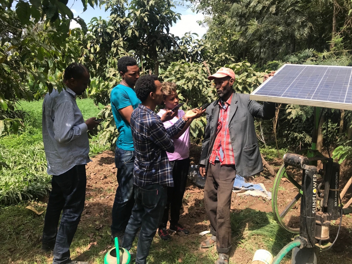Afro FM and other journalists interview smallholder farmer as part of ThriveNet story lab on restoring degraded landscapes.