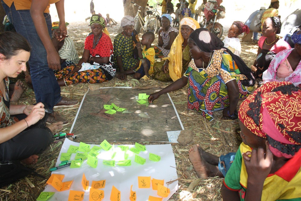 Sarah Jones and Mansour Boundraogo mapping land use patterns with women farmers in Ladwenda, 19 April 2016.