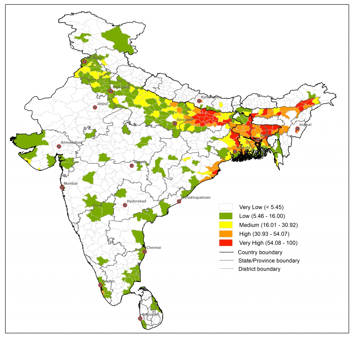 Map of Human Vulnerability Index from flood risks in South Asia.