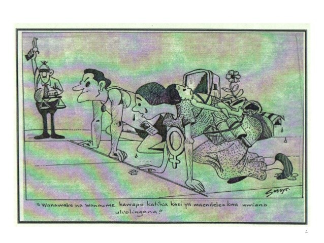 A cartoon from the above-mentioned presentation, used to demonstrate the heightened constraints experienced by women. A cartoon from the above-mentioned presentation to demonstrate the heightened constraints experienced by women.