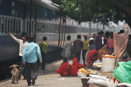 People waiting at a train station in rural Uttar Pradesh, northern India.